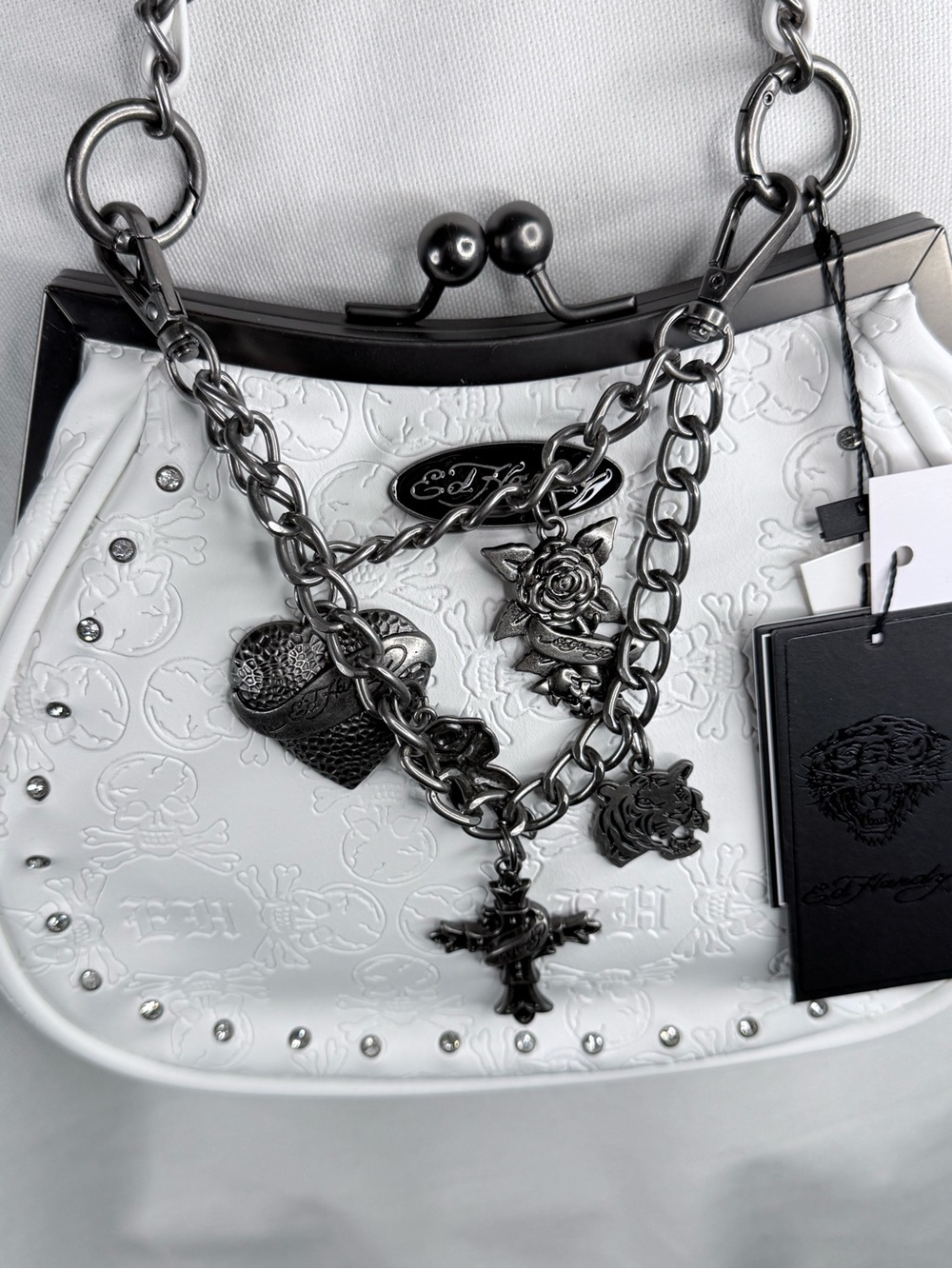 Ed Hardy White Embossed Chain-Detail Frame Bag with Gunmetal Charms